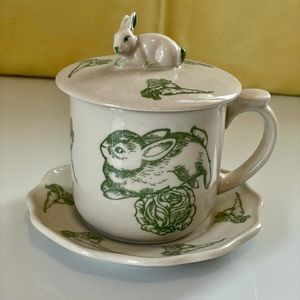 Bunny Toile Green & Ivory Andrea By Sadek Tea Cup, Saucer, & Lid